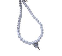 Storage Bag Collar de perlas artificiales con lazo cruzado para mujer, aniversario, moda, vintage, cadena de perlas, gargantilla, joyería, cadena de clavícula, collar ajustable, talla única, como se