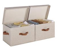 StorageWorks Cajas de almacenamiento con tapa, cestas decorativas de tela con asas para organizar ropa del armario, cajas organizadoras grandes para estanterías, Combinación marrón y beige, pack de 2