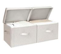 StorageWorks Cajas de almacenamiento con tapa, cestas decorativas de tela con asas para organizar ropa del armario, cajas organizadoras grandes para estanterías, rayas beige, pack de 2