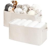 StorageWorks Cajas de almacenamiento estrechas, 38 x 20 x 18.5 cm cestas para organizar el armario, cajas delgadas con asas, contenedores decorativos para estanterías, rayas beige, pack de 2