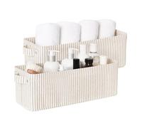 StorageWorks Cestas de almacenamiento estrechas, cajas largas para organizar el armario, cajas delgadas con asas, cestas decorativas para estanterías en salón, rayas beige, pack de 2
