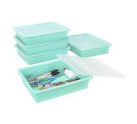 Storex Bandeja de almacenamiento plana de tamaño carta, contenedor organizador con tapa sin cierre para aula, oficina y hogar, verde azulado, paquete de 5 (62541A05C)
