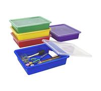 Storex Bandeja de almacenamiento plana de tamaño carta, contenedor organizador con tapa sin cierre para aula, oficina y hogar, colores surtidos, paquete de 5 (62534A05C)