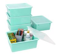 Storex Bandeja de almacenamiento profunda tamaño carta, contenedor organizador con tapa sin broches para aula, oficina y hogar, color verde azulado, paquete de 5 (62549A05C)
