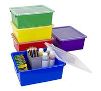 Storex Bandeja de almacenamiento profunda tamaño carta, contenedor organizador con tapa sin broches para aula, oficina y hogar, colores surtidos, paquete de 5 (62542A05C)