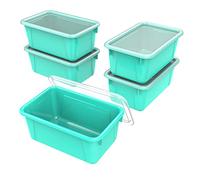 Storex Contenedores pequeños de almacenamiento de plástico para el aula con tapa sin broches, 12.2 x 7.8 x 5.1 pulgadas, color verde azulado, (62412U05C) (paquete de 5)