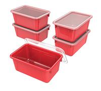 Storex Contenedores pequeños para cubículos, recipientes de almacenamiento de plástico para aula con tapa sin broches, 12.2 x 7.8 x 5.1 pulgadas, rojo, (62407U05C) (paquete de 5)