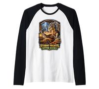 Stormy Night Cozy Dragon Reading Fantasía Criatura Camiseta Manga Raglan