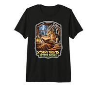 Stormy Night Cozy Dragon Reading Fantasía Criatura Camiseta Premium
