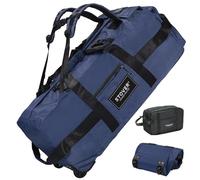 STOVER Bolsa de lona con ruedas, bolsa de viaje grande, plegable con correas de hombro para hombres y mujeres, Azul marino, 80L