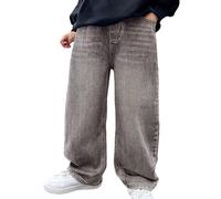 Straight Baggy Jeans Kids Elastic Waist Washed Distressed Wide Leg Denim Trousers Fashion Boys Loose Fit Relaxed Barrel Jeans Vintage Teens Y2K Hip Hop Streetwear
