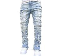 Straight Flare Jeans Hose RöhrenJeans Herren Aufgesetzte Jeans Ripped Patchwork Distressed Washed Vintage Lose Punk Denim Hose Hip Hop Jeans Mode Skateboard Jeanhose, A azul claro., L