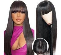 Straight Glueless Human Hair Wig With Bangs, 2x4 Lace Front Wigs Human Hair For Balck Women 180% Density,Wear And Go Glueless Wig Human Hair With Fringe, Black Virgin Brazilian Real Human Hair 18 Inch