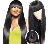 Straight Glueless Human Hair Wig With Bangs, 2x4 Lace Front Wigs Human Hair For Balck Women 180% Density,Wear And Go Glueless Wig Human Hair With Fringe, Black Virgin Brazilian Real Human Hair 18 Inch