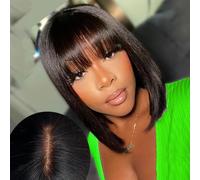 Straight Human Hair Wig with Bang 2X1 Lace Front Wigs Human Hair Short Bob Wig Human Hair2x1 pelucas frontales de encaje cabello humano striaght peluca bob corto cabello humano 12 INCH