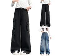 Straight Leg Cargo Jeans for Girls High Elastic Waist Wide Leg Baggy Denim Pants with Pockets Teen Girls Distressed Y2K Vintage Trousers Loose Fit Casual Athletic Sweatpants