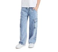 Straight Leg Cargo Jeans for Kids High Elastic Waist Wide Leg Baggy Denim Trousers with Pockets Boys Loose Fit Comfy Denim Pants Trendy Athletic Casual School Trousers