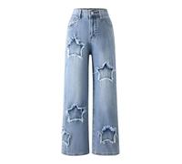 Straight Leg Jeans for Girls Star Embellished Wide Leg Baggy Denim Pants Kids High Waist Washed Ripped Jeans with Pockets Teen Girls Casual Loose School Trousers Summer Y2K Streetwear