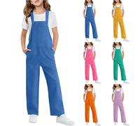 Straight Leg Jumpsuit for Girls Fashion Sleeveless Casual Baggy Overalls with Pockets Kids Adjustable Strap Cotton Dungarees Loose Fit Rompers Comfort School Trousers