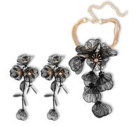 Strand Statement Flower Pendant Necklace Earrings Jewelry for Women, Shiny Flower Metal Tassel Necklaces Pendant Earrings for summer beach Boho Hawaiian Vacation Fashion Jewelry (Black)