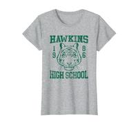 Stranger Things 1986 Hawkins High School Camiseta, Mujer, Gris Jaspeado, M