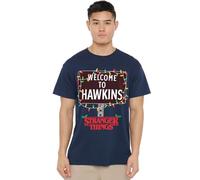 Stranger Things Camiseta Unisex con Texto en inglés Stranger Things Christmas Welcome to Hawkins, Color Azul Marino, Azul Marino, L