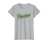 Stranger Things Hawkins Retro 80s Texto Deportivo Camiseta, Mujer, Gris Jaspeado, XS