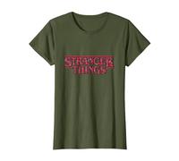 Stranger Things Logo Camiseta, Mujer, Verde Oliva, XXL