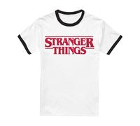 Stranger Things Main Logo Camiseta Ringer Unisex, Negro Blanco, XL