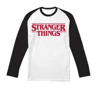 Stranger Things Main Logo Raglan Adult Long Sleeve Baseball T Shirt, White/Black, Small