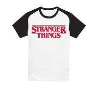 Stranger Things Main Logo Raglan Camiseta Baseball de Manga Corta, Blanco Negro, L