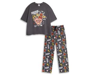 Stranger Things Pijama Negro de Manga Corta y Pierna Larga para Mujer Hellfire Club | Camiseta Estampada y Pantalones de Dibujos Animados | Ropa de Dormir