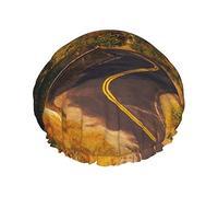 Straße durch den Wald mit gelben Bäumen im Herbst, bedruckte Duschhaube, Satin-Mütze, Haarkappe, wasserdichte Badekappen, elastisches Band, Stretch-Saum, Duschhaube, wiederverwendbar