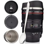 STRATA CUPS Taza Térmica de Café con forma de Objetivo de Cámara Fotográfica - 2 TAPAS + CUCHARA DE REGALO! Termo de Acero Inoxidable 400 ml con tapas Sellada y Retráctil, Regalo ideal para Fotógrafos