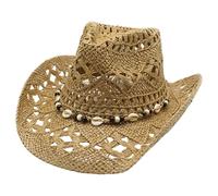Straw Cowboy Hat, Sun Protection Wide Brim Straw Cowgirl Hat, Breathable Hollow Roll up Western Cap with Beads String for Summer Beach Vacation, Khaki