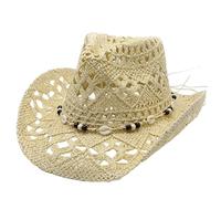 Straw Cowboy Hat, Sun Protection Wide Brim Straw Cowgirl Hat, Breathable Hollow Roll up Western Cap with Beads String for Summer Beach Vacation, Beige