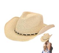 Straw Cowboy Hat, Sun Protection Wide Brim Straw Cowgirl Hat with Beads String, Breathable Roll up Western Cap for Summer Beach Vacation, Beige
