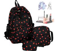 Strawberry Backpack - 3-Piece Large Nylon & Polyester School Bag Set For Girls & Boys | 17.72 Inch Children's Backpack With Shoulder Bag & Pencil Case | Robust & Lightweight School For Kindergarten