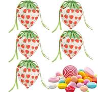 Strawberry Bags for Snacks | Cartoon Strawberry Print Reusable Fabric Storage Drawstring 5x Bag - Candy Treat Box, Party Favor for Birthday, Shower
