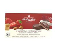 Strawberry in sparkling wine 984051 Chocolate con mazapán (41%) y relleno (25%) con fresas en un vivo brillante.