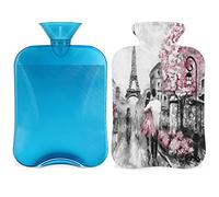 Street View Botella de agua caliente con funda esponjosa, bolsa de agua caliente de gran capacidad de 2 litros, bolsa de agua de la Torre Eiffel de París para noches acogedoras, alivio del dolor,