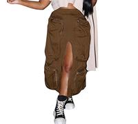 Streetwear Casual Baggy Zipper Design Damen Röcke Rock Lange Damen Sommer Damen Rock Lange Röcke Sommerrock lang Weiß Trachtrock Sommer mit Schlitz Midirock Maxirock, marrón, M