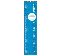 Streifenplaner BLAU 2027: schmaler Wandkalender 11,3x49,5 cm mit farblich markierten Wochenenden, Feiertagen & Mondphasen, ideal für Haushalt, Familie & Büro