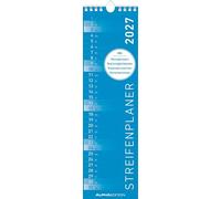 Streifenplaner Mini BLAU 2027: schmaler Wandkalender 9,5x33 cm mit farblich markierten Wochenenden, Feiertagen & Mondphasen, ideal für Haushalt, Familie & Büro