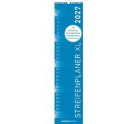 Streifenplaner XL BLAU 2027: schmaler Wandplaner 15x64 cm mit farblich markierten Wochenenden, Feiertagen & Mondphasen, ideal für Haushalt, Familie & Büro