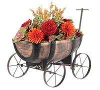 STREND PRO Carrito de flores con barril de whisky, carro para plantas con ruedas, maceta decorativa para jardín, maceta realista, aspecto de madera, maceta, carretilla de madera, carro de madera