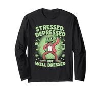 Stressed Depressed But Well Dressed Funny Frog Adult Humor Manga Larga