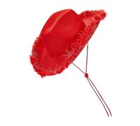 Streysisl Sombrero de vaquera con ribete peludo, disfraz de vaquero de verano, sombrero de vaquero para mujer con ala de plumas para despedida de soltera, disfraz temático, disfraz de juego de rol