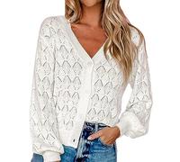 Strickjacke Damen V-Ausschnitt Cardigan Elegant Einfarbig Kurz Strickmantel Pullover Herbst Winter Strickpullover Jacke Cardigan Leicht Bolero Jäckchen mit Knöpfe Weiche Jacke, R Weiß, M
