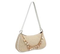 Striegro Bolso Seashell para mujer, bolso de playa con detalles de perlas y paja, de hombro de PU suave para las axilas, diario ligero y espacioso.